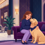 Gambar vektor perempuan dan anjing pelayan di sebuah hotel mewah. (Dok. Sarah Senang / Gemini AI)