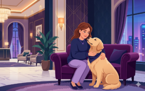 Gambar vektor perempuan dan anjing pelayan di sebuah hotel mewah. (Dok. Sarah Senang / Gemini AI)